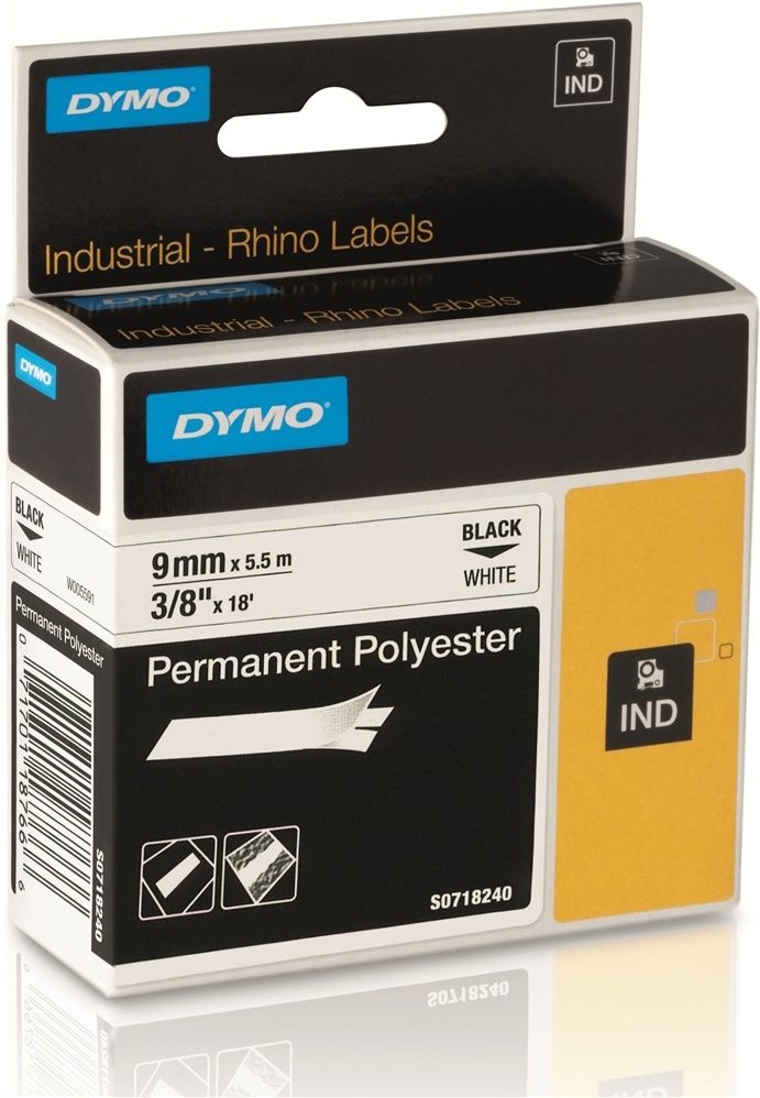 Dymo Rhino 18766 9mm, biela / čierna tlač, permanentná polyesterová