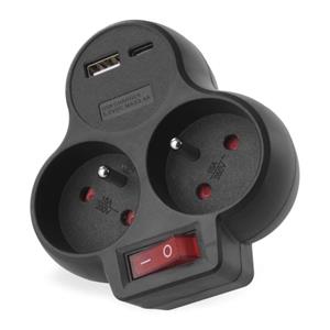 Emos P0078, rozbočovacia zásuvka s vypínačom 2×230V, USB-A+USB-C, čierna