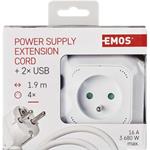 Emos P04119U, rozbočovacia kocka s predlžovacím prívodom 1,9m, 4 zásuvky + 2× USB, PVC, biely