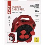 Emos P08420, vonkajší predlžovací kábel na bubne, 20 m, 4 zásuvky, guma, 230 V, 1,5 mm2, s reflektorom LED