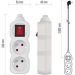 Emos P1212, predlžovací kábel 2 m, 2 zásuvky, s vypínačom, biely, PVC, 1 mm2