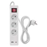 Emos P1312CU, predlžovací kábel, 2 m, 3 zásuvky, s vypínačom, biely, 1×USB-A + 1×USB-C, 1,5 mm2