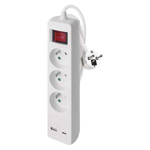 Emos P1312CU, predlžovací kábel 2m s 1×USB-A + 1×USB-C, 3 zásuvky, s vypínačom, biely, 1,5 mm2