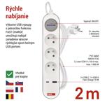 Emos P1312FC, predlžovací kábel 2 m, 3 zásuvky, s vypínačom, biely, 1×USB-A + 1×USB-C, 1,5 mm2