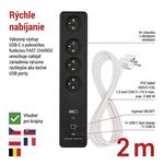 Emos P1412SM GoSmart, predlžovací kábel 2m, 4 zásuvky, s vypínačom, USB, biely-čierny, PVC, 1,5 mm2