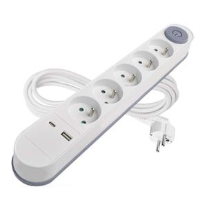 Emos P1513PD, predlžovací kábel 3m s USB-A, USB-C, 5 zásuviek, s vypínačom, PVC, biely, 1,5 mm2