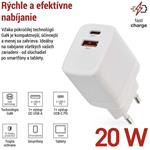 Emos V02G20, univerzálny USB-A a USB-C adaptér GaN do siete PD 20 W max.