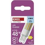 Emos ZQ9D34, LED žiarovka Classic JC, G9, 4,3 W (48 W), 600 lm, studená biela