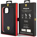 Ferrari PU Leather Bottom Carbon MagSafe kryt pre iPhone 15 Plus, čierny