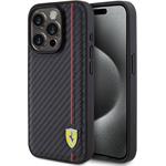 Ferrari PU Leather Carbon Vertical Red Line kryt pre iPhone 15 Pro, čierny