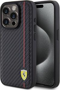 Ferrari PU Leather Carbon Vertical Red Line kryt pre iPhone 15 Pro, čierny