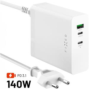 Fixed Charging Station sieťová GaN nabíjačka s 2x USB-C a USB výstupom, podpora PD 3.1, 140W, biela