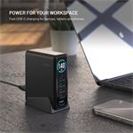 Fixed dokovacia GaN stanica s displejom, 4x USB-C a USB, PD 3.2, 140W, čierna
