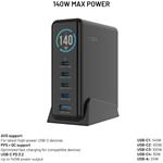 Fixed dokovacia GaN stanica s displejom, 4x USB-C a USB, PD 3.2, 140W, čierna