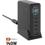 Fixed dokovacia GaN stanica s displejom, 4x USB-C a USB, PD 3.2, 140W, čierna