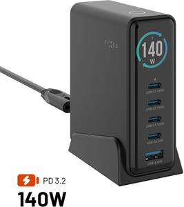Fixed dokovacia GaN stanica s displejom, 4x USB-C a USB, PD 3.2, 140W, čierna