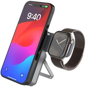 Fixed MagZen 5 Stand powerbanka so stojanom s integrovanou Apple Watch nabíjačkou a podporou MagSafe, 5 000 mAh, sivá