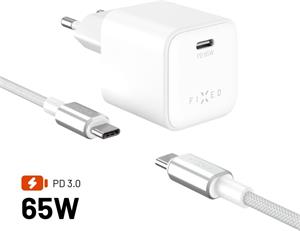 Fixed Mini Set sieťovej GaN nabíjačky s USB-C výstupom a USB-C/USB-C káblom, podpora PD, 2 metre, 65W, biely