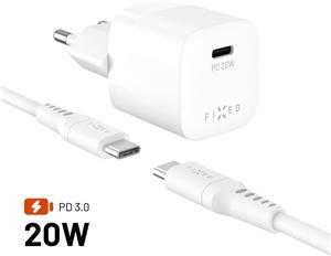 Fixed Mini Set sieťovej nabíjačky s USB-C výstupom a USB-C/USB-C káblom, podpora PD, 1,2 m, 20W, biely
