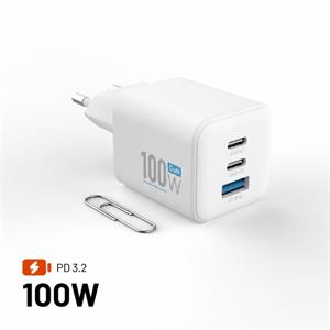Fixed Mini Sieťová GaN nabíjačka s 2xUSB-C a USB výstupom, podpora PD, 100W, biela