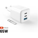 Fixed Mini sieťová GaN nabíjačka s 2xUSB-C a USB výstupom, podpora PD, 65W, biela