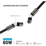 Fixed Neck Cable opletený kábel pre telefóny so zadným krytom s konektormi USB-C/USB-C, 1.6m, PD 60W, 480Mbps, čierny