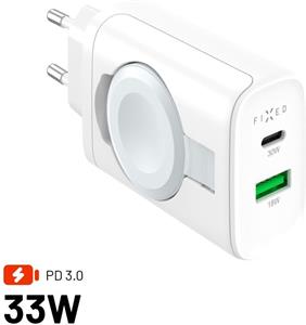 Fixed Power Socket sieťová nabíjačka s USB-A a USB-C výstupom a vyklápacou nabíjačkou pre Apple Watch, 33W, biela