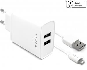 Fixed set nabíjačky s 2x USB výstupom a USB/Lightning káblom, 1m, MFI, 15W Smart Rapid Charge, biela