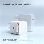 Fixed sieťová GaN nabíjačka s 2xUSB-C, podpora PD 3.0, so samonavíjacím káblom, 65W, biela