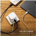 Fixed sieťová GaN nabíjačka s 2xUSB-C, podpora PD 3.0, so samonavíjacím káblom, 65W, biela