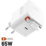 Fixed sieťová GaN nabíjačka s 2xUSB-C, podpora PD 3.0, so samonavíjacím káblom, 65W, biela