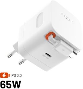 Fixed sieťová GaN nabíjačka s 2xUSB-C, podpora PD 3.0, so samonavíjacím káblom, 65W, biela