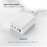 Fixed sieťová GaN nabíjačka s 3x USB-C a USB výstupom, podpora PD 3.0, 120W, biela