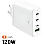 Fixed sieťová GaN nabíjačka s 3x USB-C a USB výstupom, podpora PD 3.0, 120W, biela