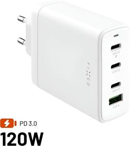 Fixed sieťová GaN nabíjačka s 3x USB-C a USB výstupom, podpora PD 3.0, 120W, biela