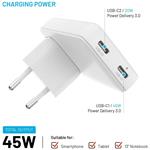 Fixed Slim Traveller sieťová GaN nabíjačka s 2x USB-C výstupom s vymeniteľnými adaptérmi, 45W, biela