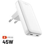 Fixed Slim Traveller sieťová GaN nabíjačka s 2x USB-C výstupom s vymeniteľnými adaptérmi, 45W, biela