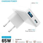 Fixed Slim Traveller sieťová GaN nabíjačka s USB-C a USB výstupom s vymeniteľnými adaptérmi, 65W, biela