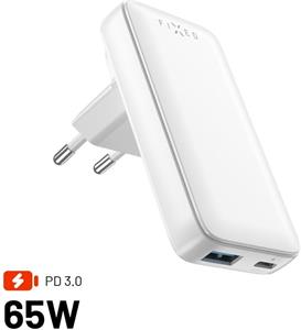Fixed Slim Traveller sieťová GaN nabíjačka s USB-C a USB výstupom s vymeniteľnými adaptérmi, 65W, biela