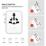 Fixed Voyager 70W cestovný adaptér pre EU, UK a USA/AUS, s 3xUSB-C a 2xUSB výstupom, GaN, PD 70W, biely