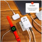 Fixed Voyager cestovný adaptér 120W pre EU, UK a USA/AUS, s 3x USB-C a 1x USB výstupom, GaN, PowerDelivery, biely