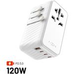 Fixed Voyager cestovný adaptér 120W pre EU, UK a USA/AUS, s 3x USB-C a 1x USB výstupom, GaN, PowerDelivery, biely