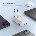 Fixed Voyager Slim 45W cestovný adaptér pre EÚ, UK a USA/AUS, s 3x USB-C a USB výstupom, GaN, PD 45W, biely