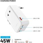 Fixed Voyager Slim 45W cestovný adaptér pre EÚ, UK a USA/AUS, s 3x USB-C a USB výstupom, GaN, PD 45W, biely