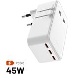 Fixed Voyager Slim 45W cestovný adaptér pre EÚ, UK a USA/AUS, s 3x USB-C a USB výstupom, GaN, PD 45W, biely