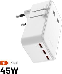 Fixed Voyager Slim 45W cestovný adaptér pre EÚ, UK a USA/AUS, s 3x USB-C a USB výstupom, GaN, PD 45W, biely