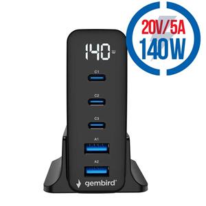 Gembird GaN nabíjačka, 3xUSB- C/2xUSB, 140W