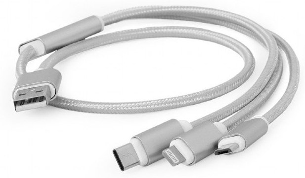 Gembird kábel USB 2.0 na micro USB + Lightning + USB-C M/M, prepojovací, 1,0m strieborná