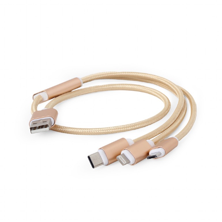 Gembird kábel USB 2.0 na micro USB + Lightning + USB-C M/M, prepojovací, 1,0m zlatá