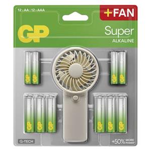GP Super Alkaline, alkalická batéria LR6 (AA) 12ks + LR03 (AAA) 12ks + ručný ventilátor, blister
